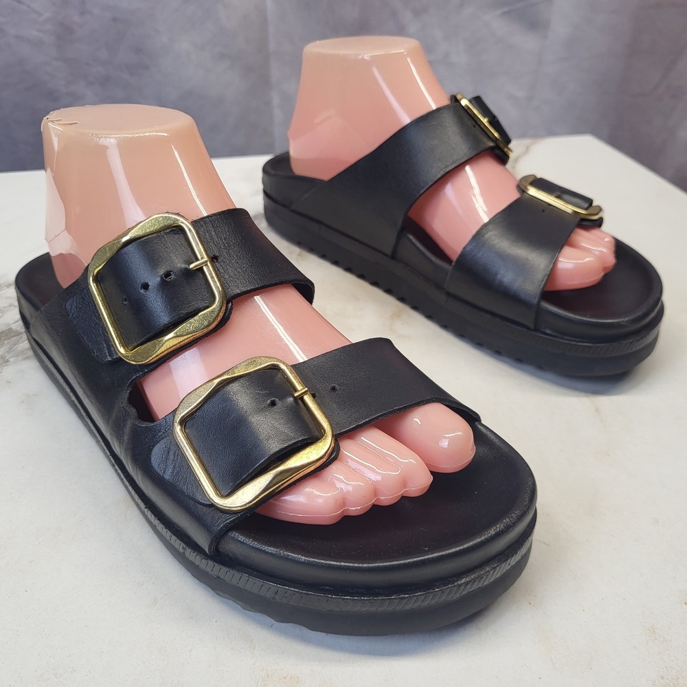 Tamaris Big Gold Tone Buckle Size 39 Women's Black Leather Slide Sandals